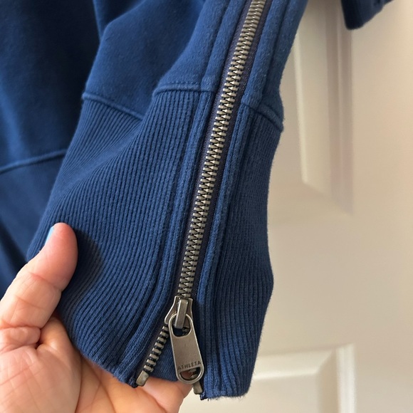 Athleta Cozy Karma Funnel Neck Sweatshirt Dress. Enchanted Blue color. Zippers - Picture 5 of 14